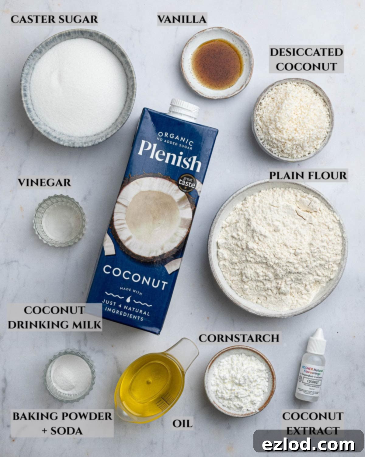 A labelled photo of the ingredients needed to make vegan coconut cake.