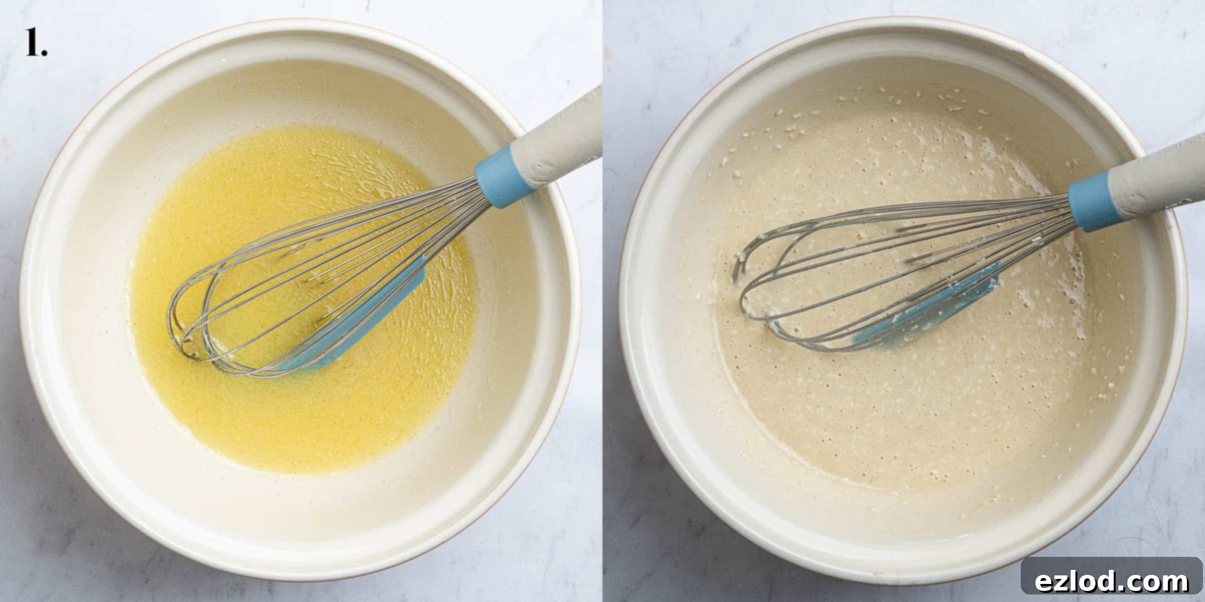 Step 1, a two image collage of making the coconut cake batter.