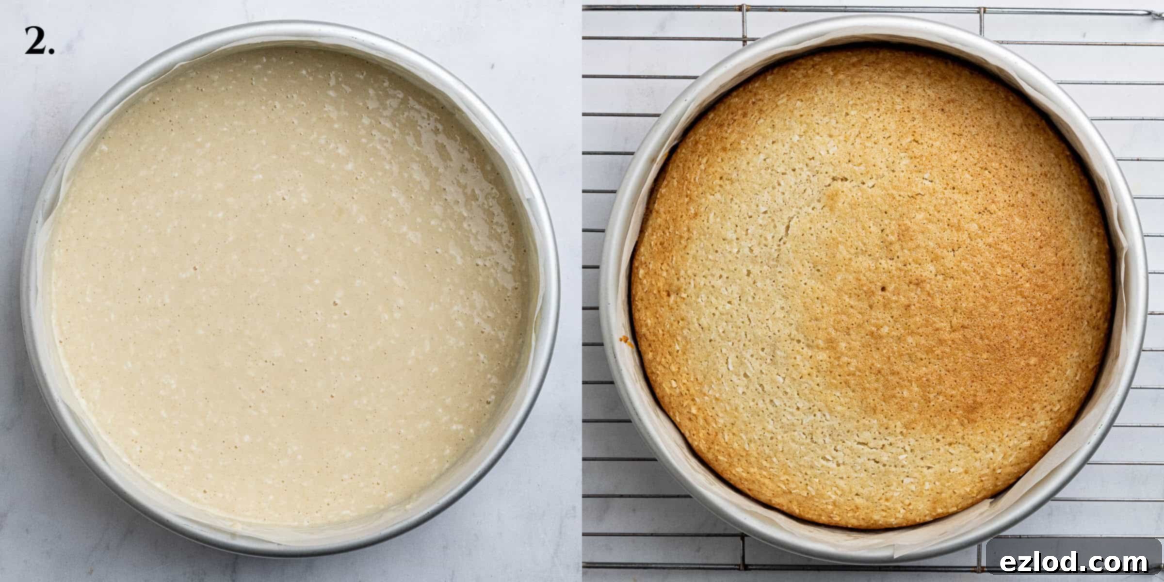 Step 2, a two image collage of the cake before and after baking.