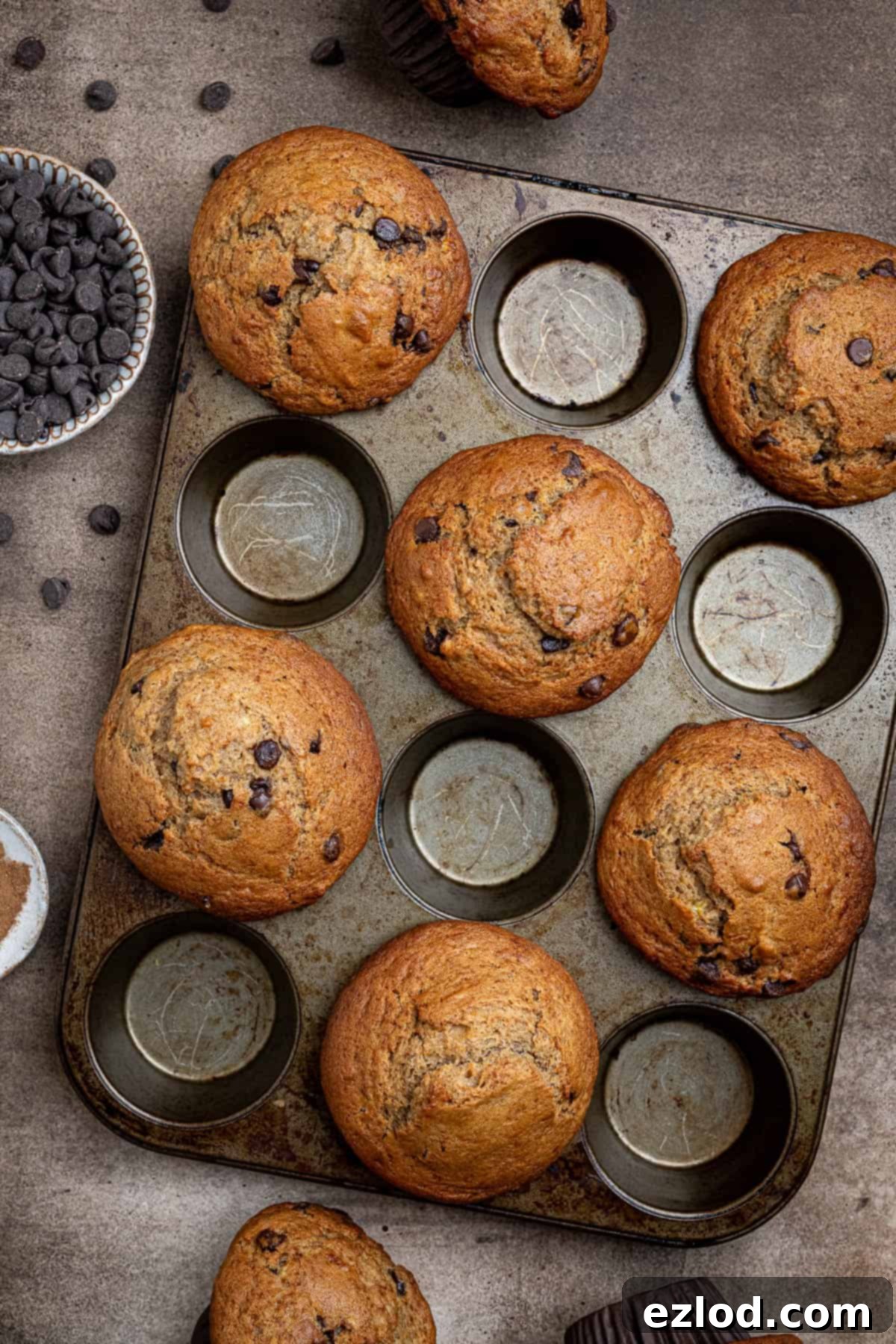 A collection of perfectly baked vegan banana muffins in a muffin pan, with a small bowl of vegan chocolate chips in the background, highlighting the delicious ingredients.