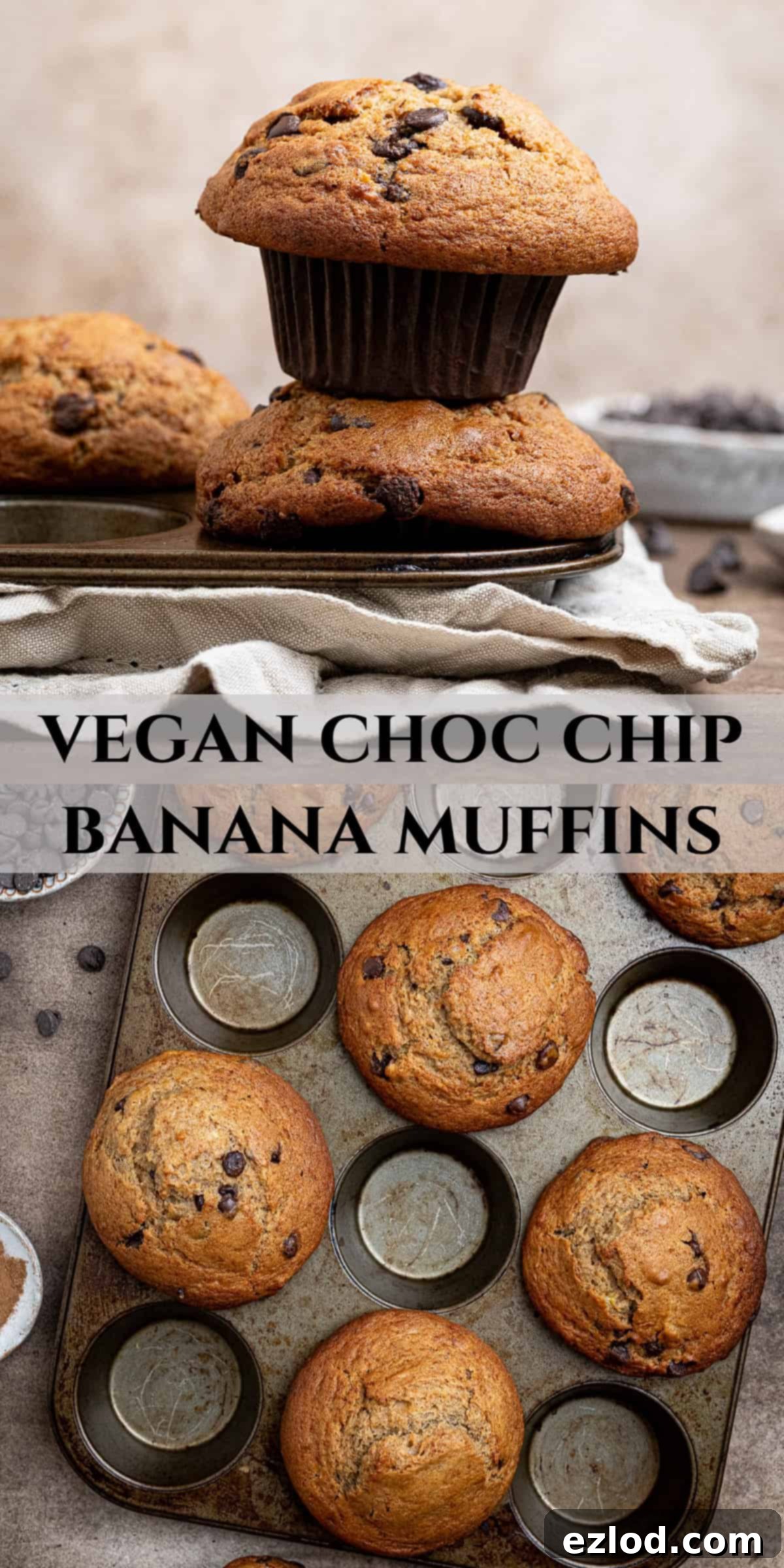 A Pinterest collage image featuring multiple enticing photos of vegan banana muffins, highlighting their tall tops and delicious texture.