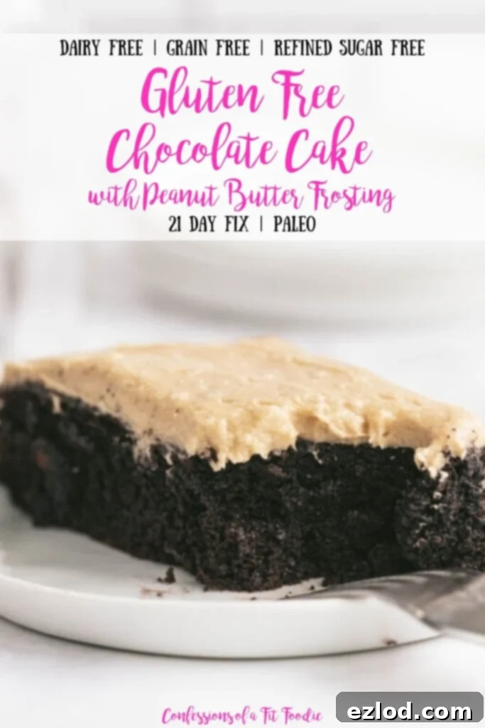 Close up side view of a rectangular piece of Healthy Gluten-Free Chocolate Cake topped with peanut butter frosting on a round white plate with a fork poised upside down on the rim- with text overlay: Dairy Free | Grain Free | Refined Sugar Free | Gluten Free Chocolate Cake with Peanut Butter Frosting | 21 Day Fix | Paleo | Confessions of a Fit Foodie, clearly highlighting its numerous health benefits and dietary compliance for a wide audience.