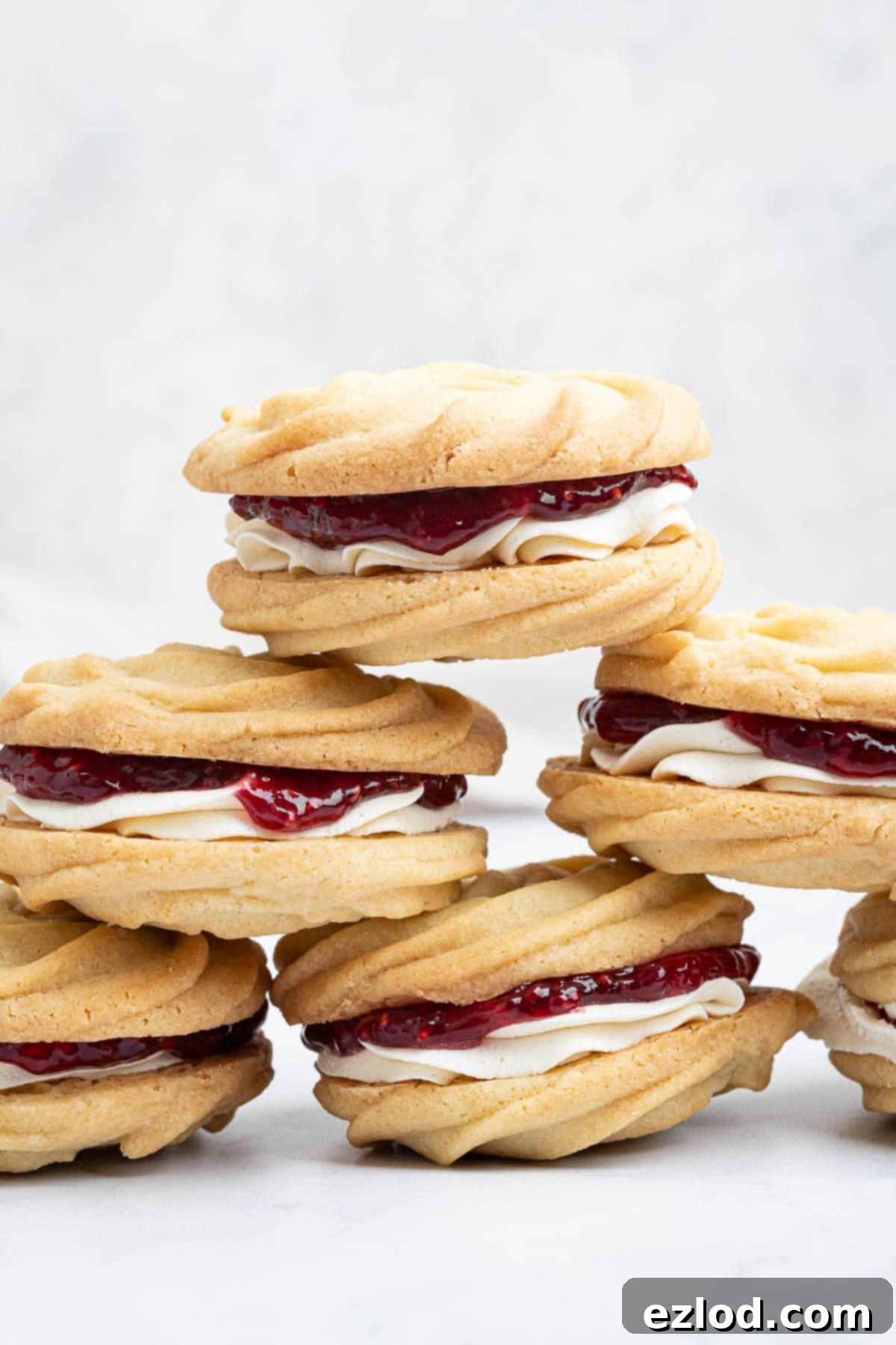 Dairy-Free Viennese Delights 2 A stack of vegan Viennese whirl biscuits, showcasing their delicate swirl and filling.