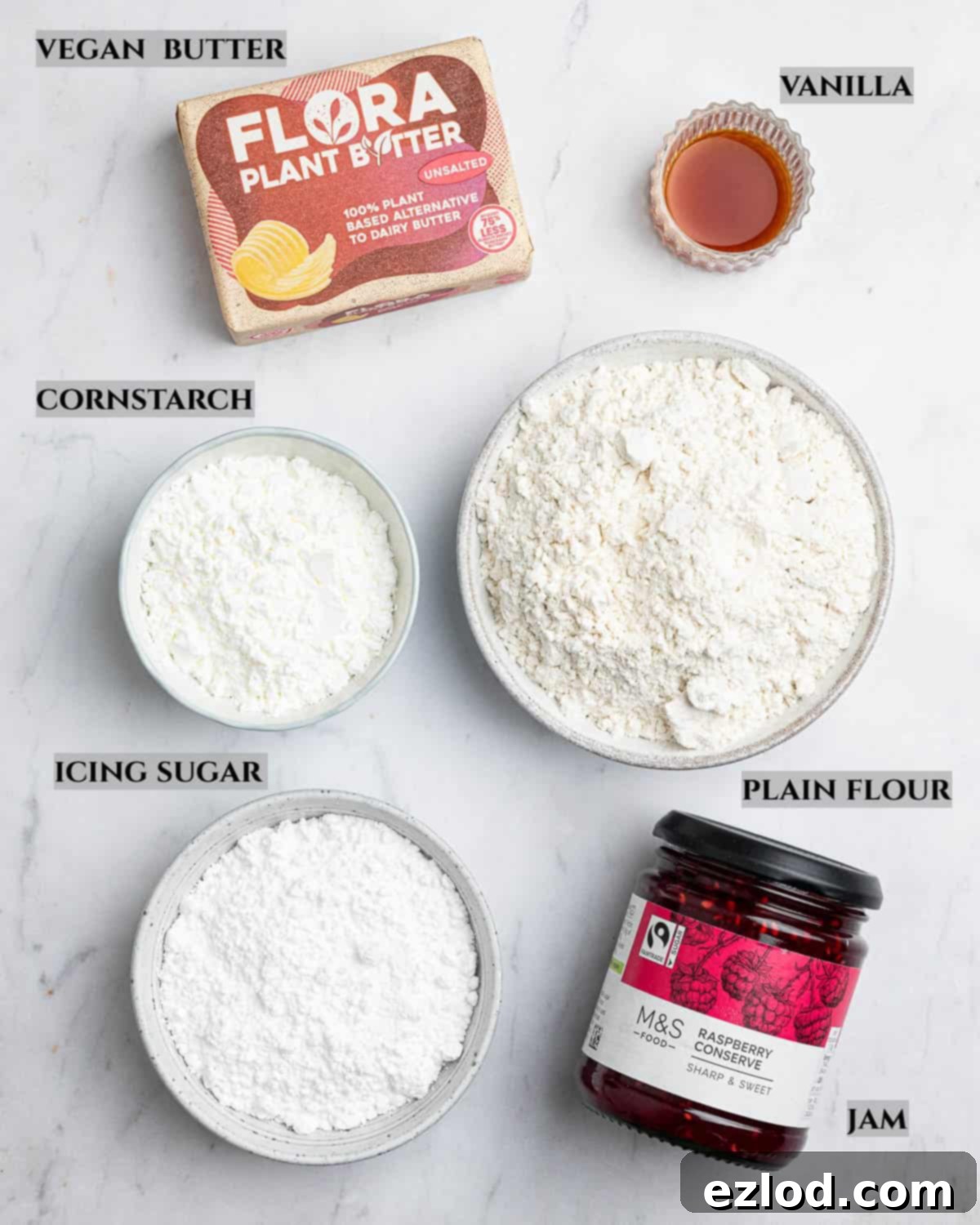 Dairy-Free Viennese Delights 3 A labelled photo of the essential ingredients required to prepare homemade vegan Viennese whirls.