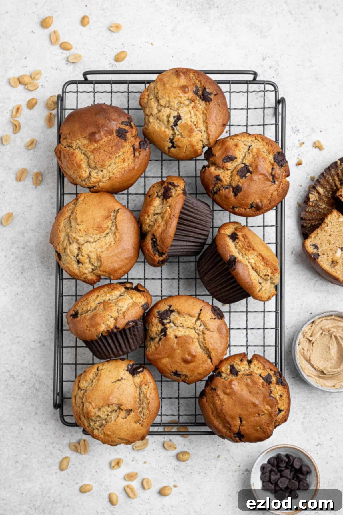 Vegan peanut butter muffins on a wire cooling rack with bowls of peanut butter and chocolate chips.