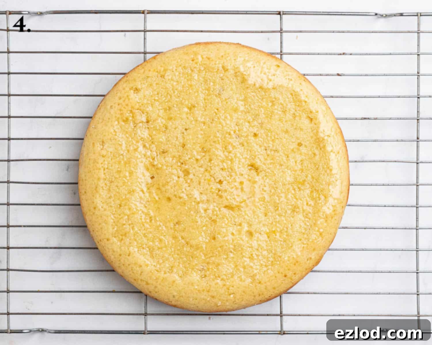 Step 4: A baked and trimmed vegan lemon cake layer, glistening with freshly brushed lemon syrup, enhancing moisture and flavor.