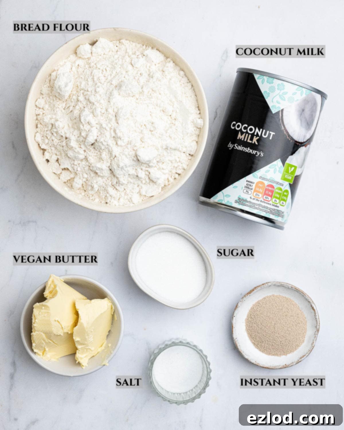 A labelled photo of the ingredients needed to make vegan coco bread.
