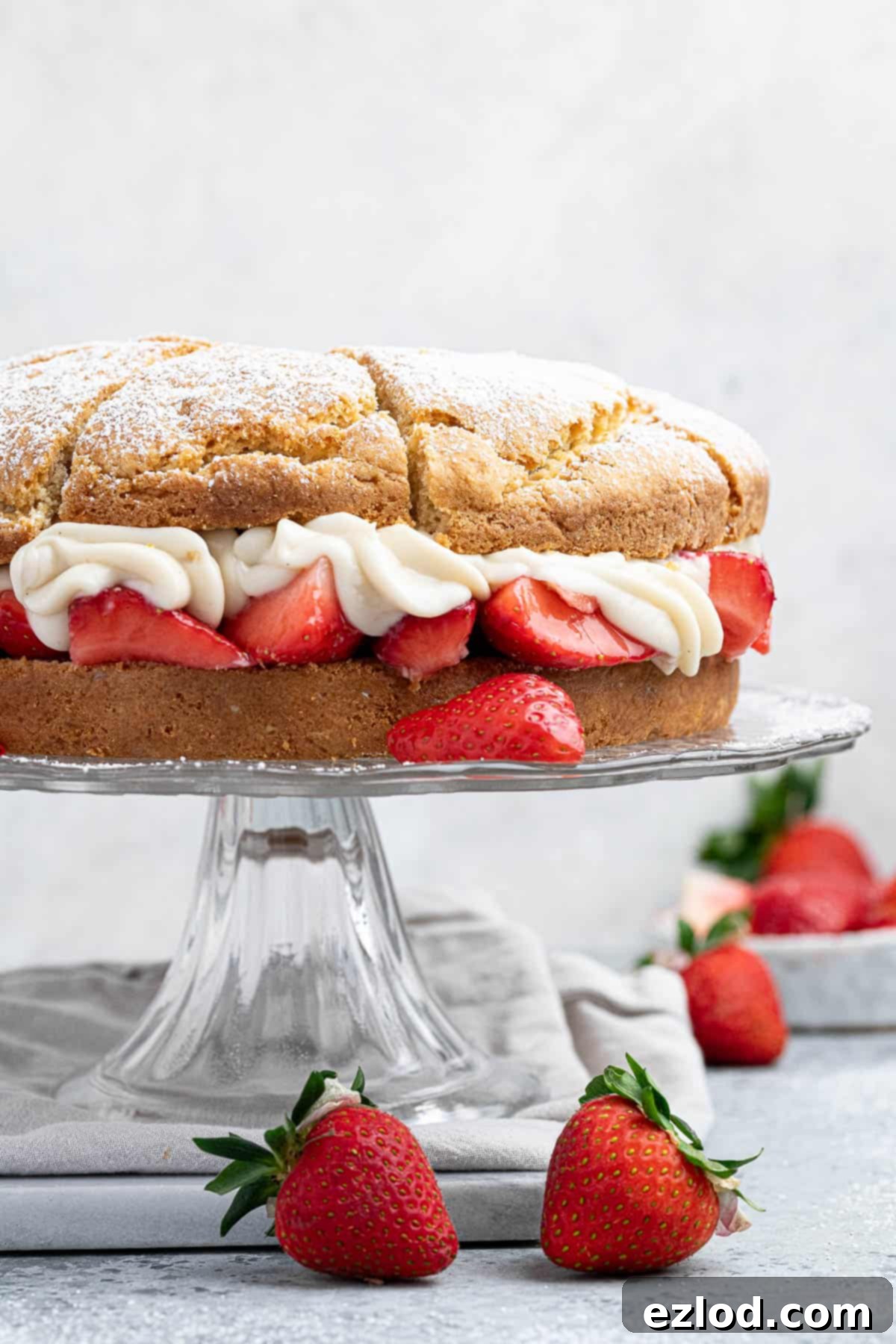 Vegan strawberry shortcake on a glass cake stand on a marble board.