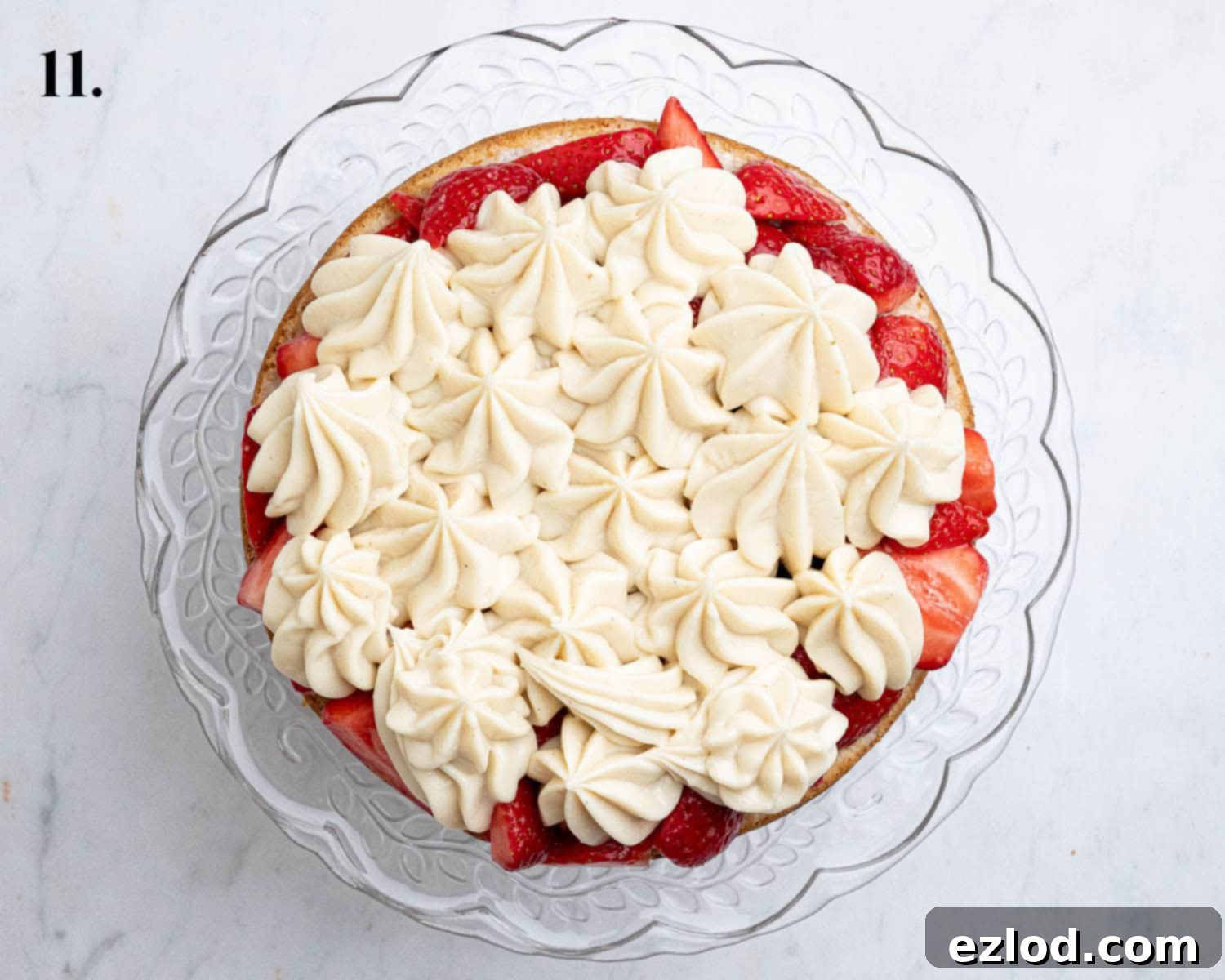 Step 11, the shortcake base topped with strawberries and pastry cream.