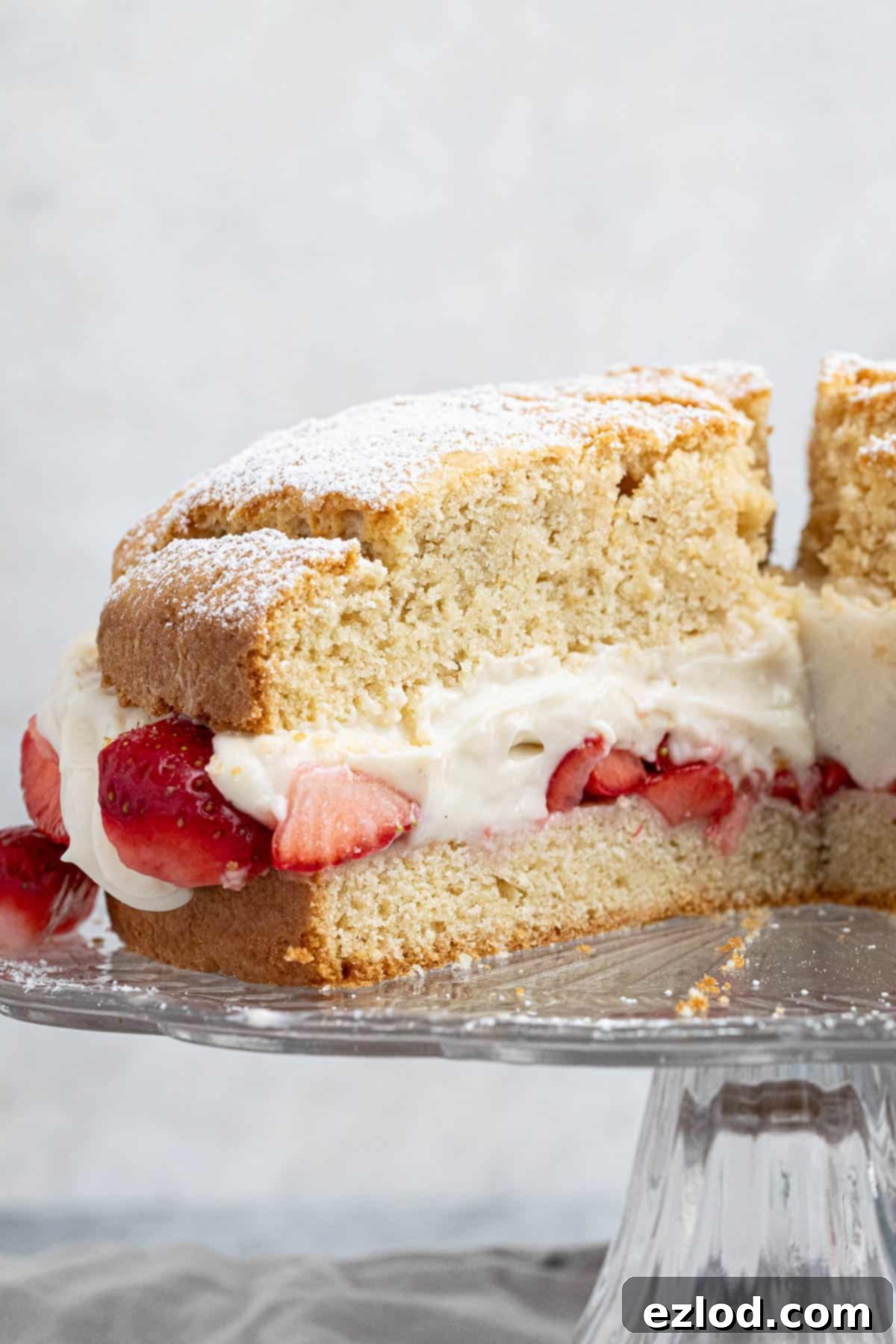 Close up of a slice of vegan strawberry shortcake.