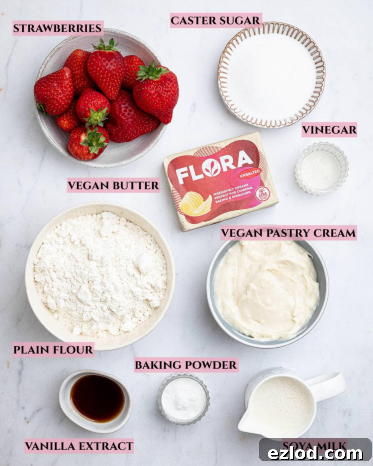A labelled photo of the ingredients needed to make vegan strawberry shortcake.