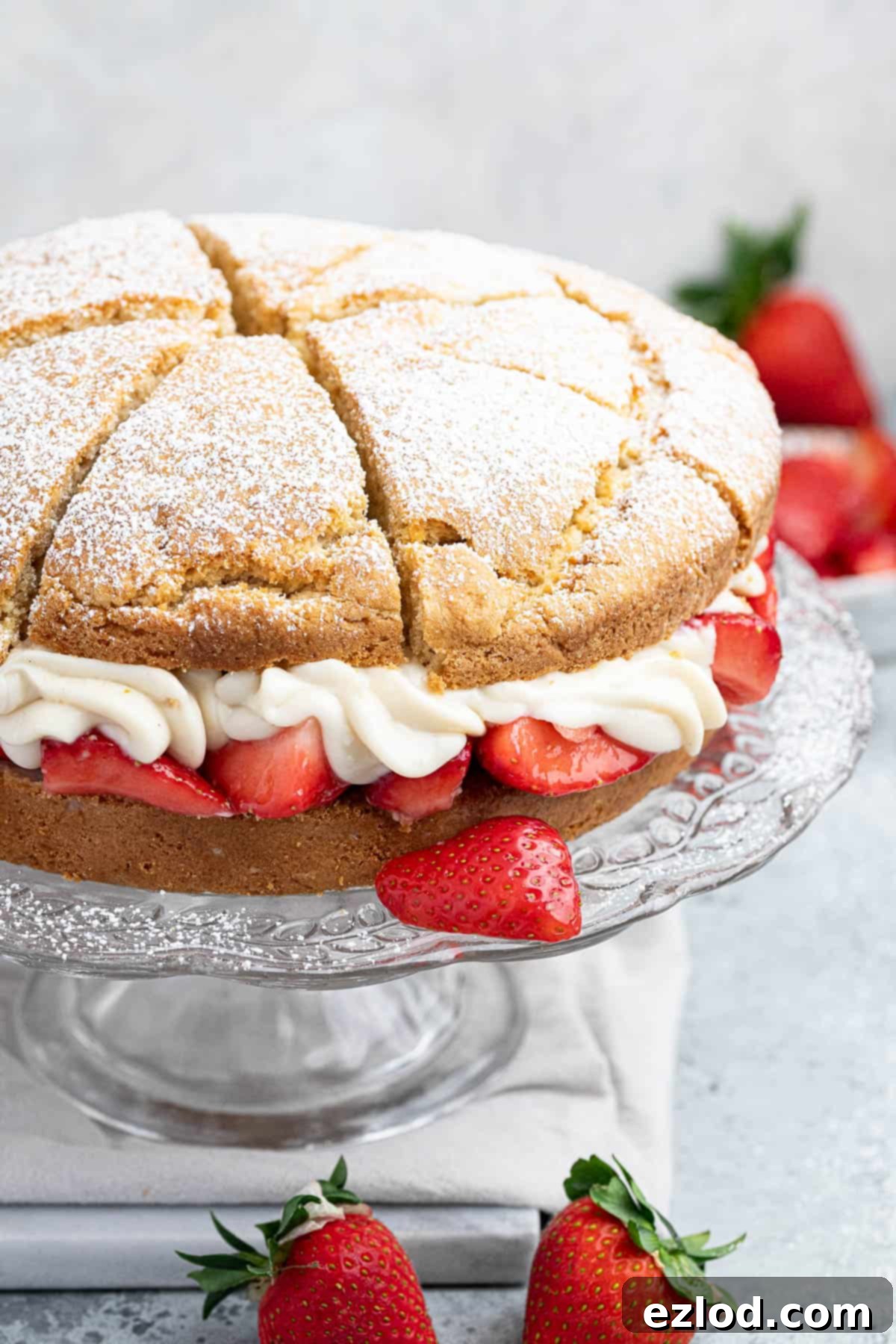Close up of vegan strawberry shortcake on a glass cake stand.