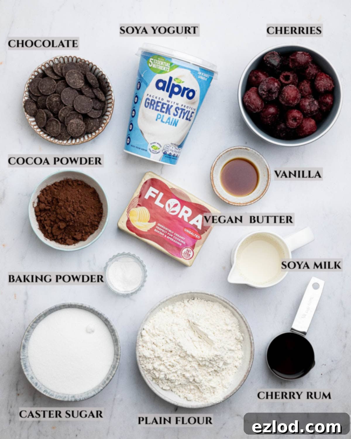 A labelled photo of the ingredients needed to make black forest brownies, laid out neatly.