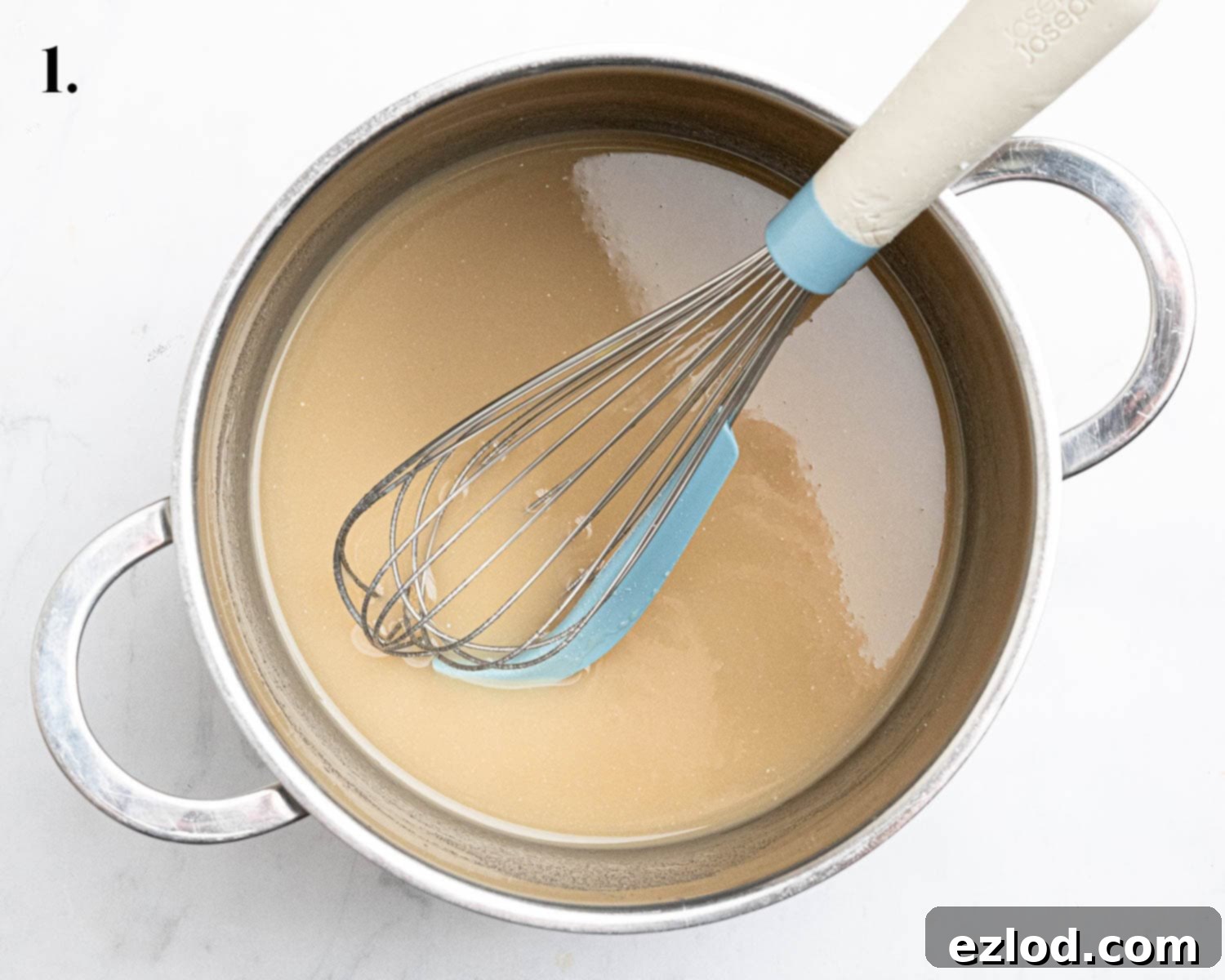 Step 1, the wet ingredients heating in a pan.