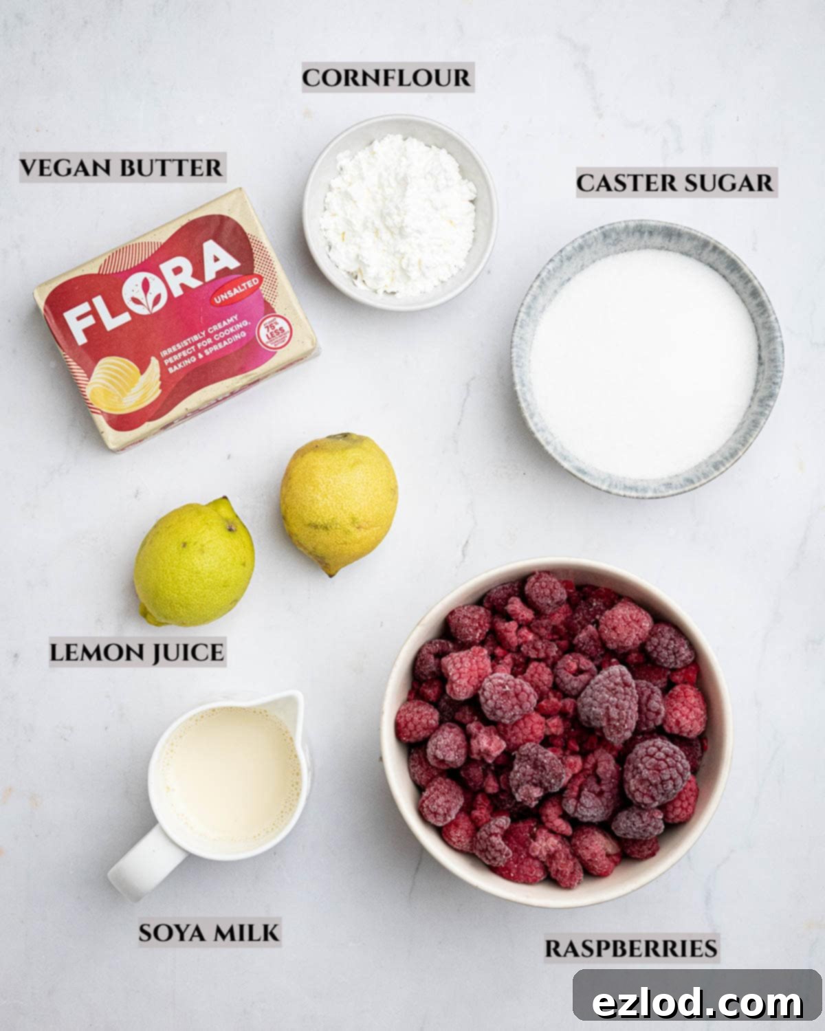 A collection of ingredients artfully arranged and labelled, showcasing everything needed to prepare a batch of homemade vegan raspberry curd.