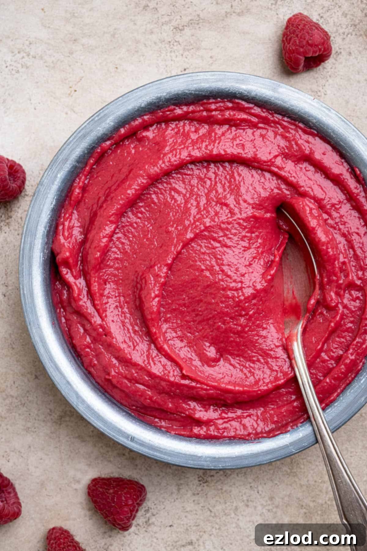 A close-up view of a bowl filled with smooth, vibrant vegan raspberry curd, invitingly creamy.