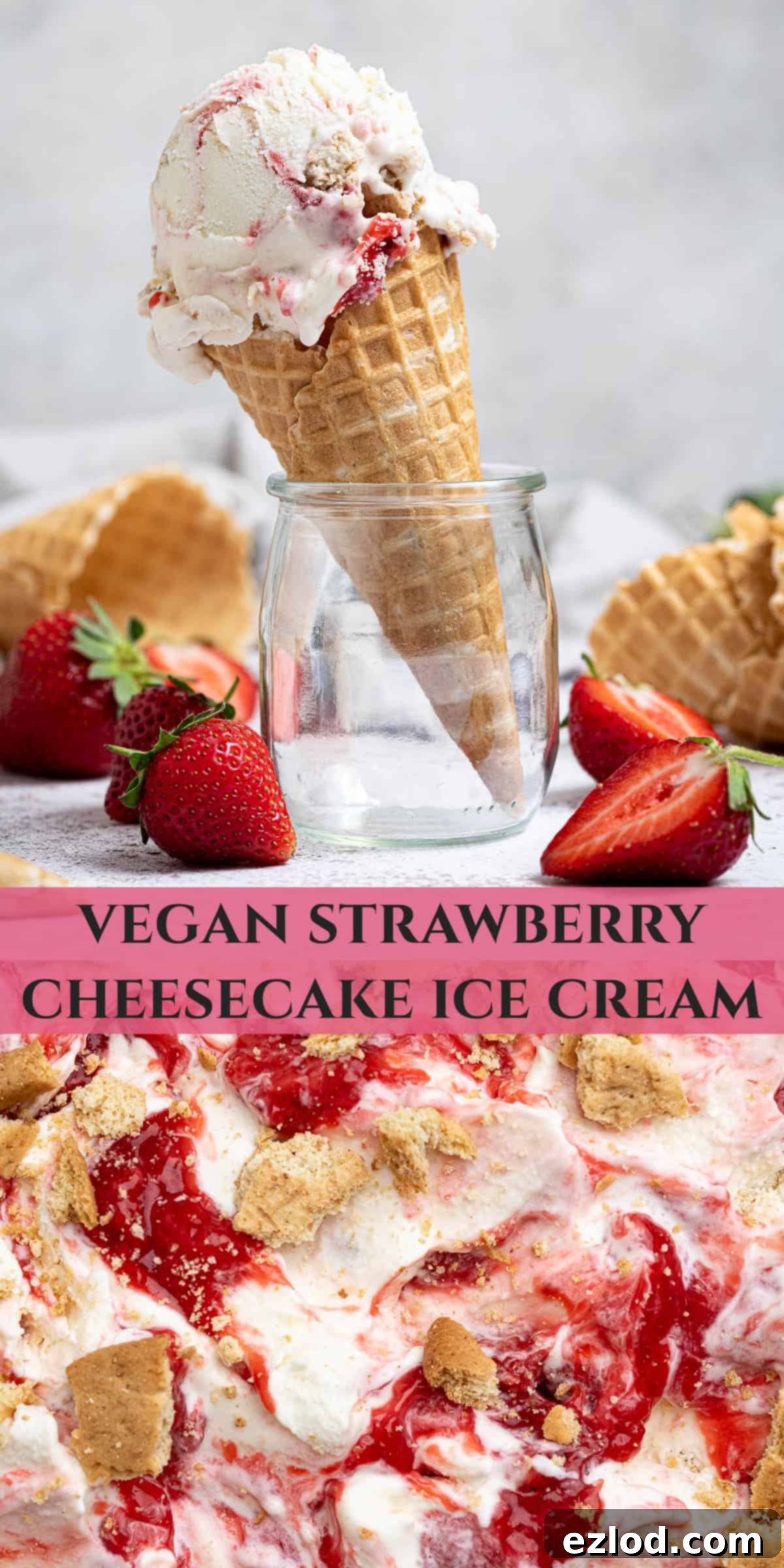 Pinterest collage image for vegan strawberry cheesecake ice cream, featuring several enticing photos of the dessert.