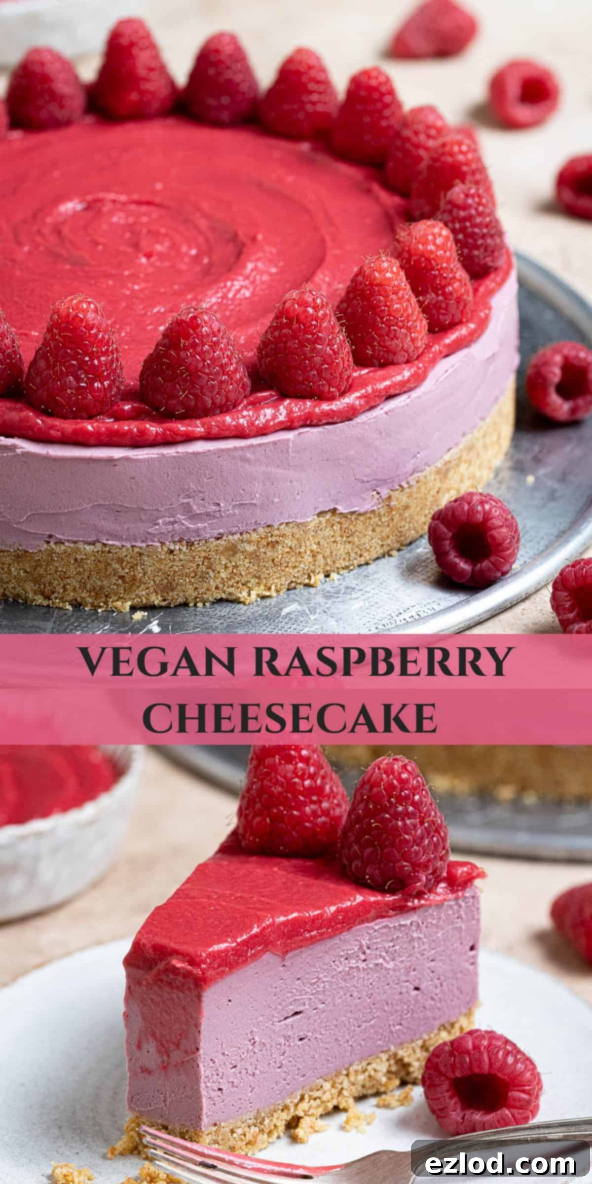 A beautifully designed Pinterest collage image featuring multiple enticing photos of the vegan raspberry cheesecake, perfect for sharing and inspiring.