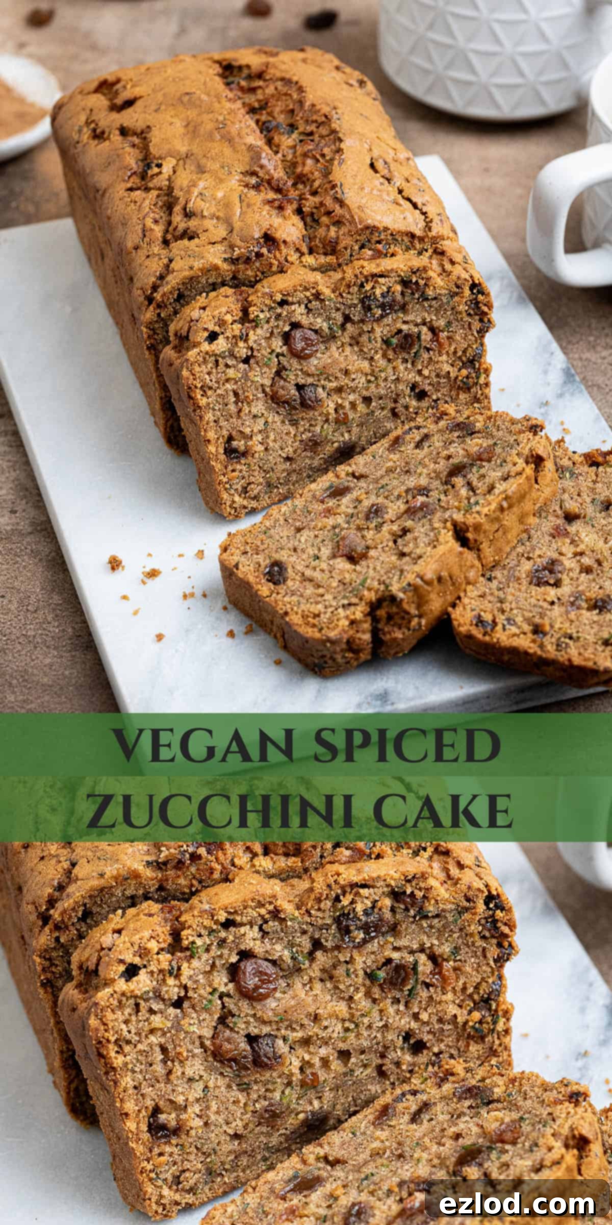 Vegan Zucchini Spice Cake 11 Pinterest collage image featuring multiple appealing photos of the vegan spiced courgette cake from different angles and slices, ideal for sharing on social media.
