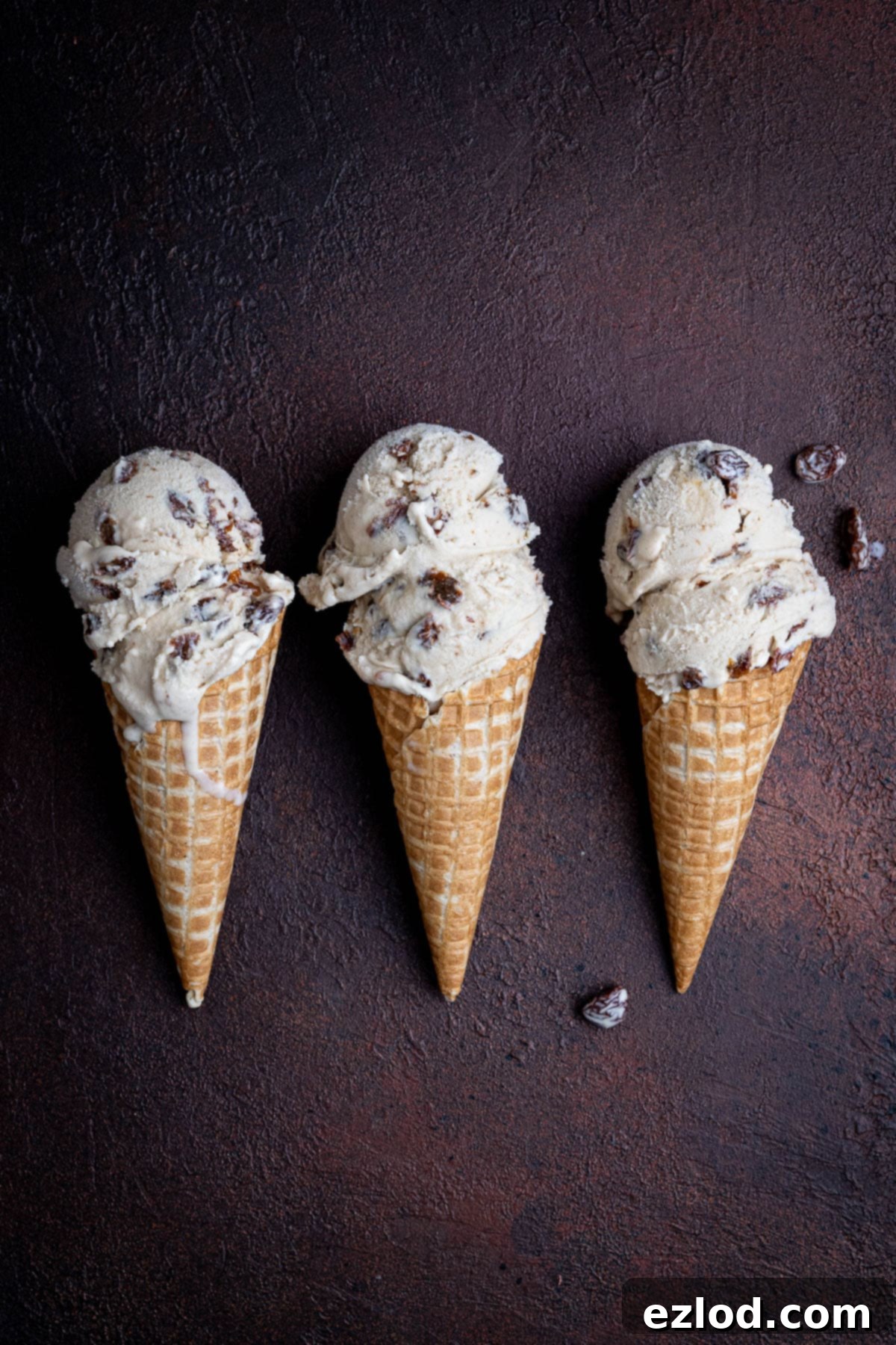 Three cones of decadent vegan rum and raisin ice cream on a dark, inviting background.