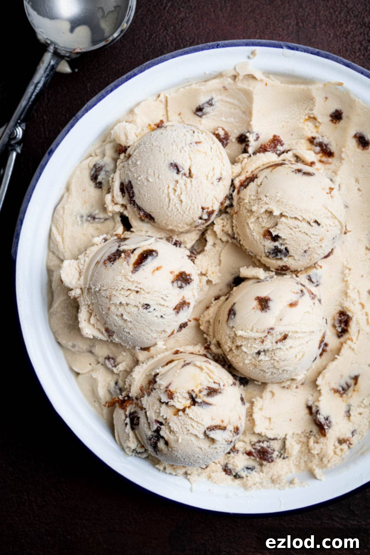 Scoops of vegan rum and raisin ice cream in a metal dish.