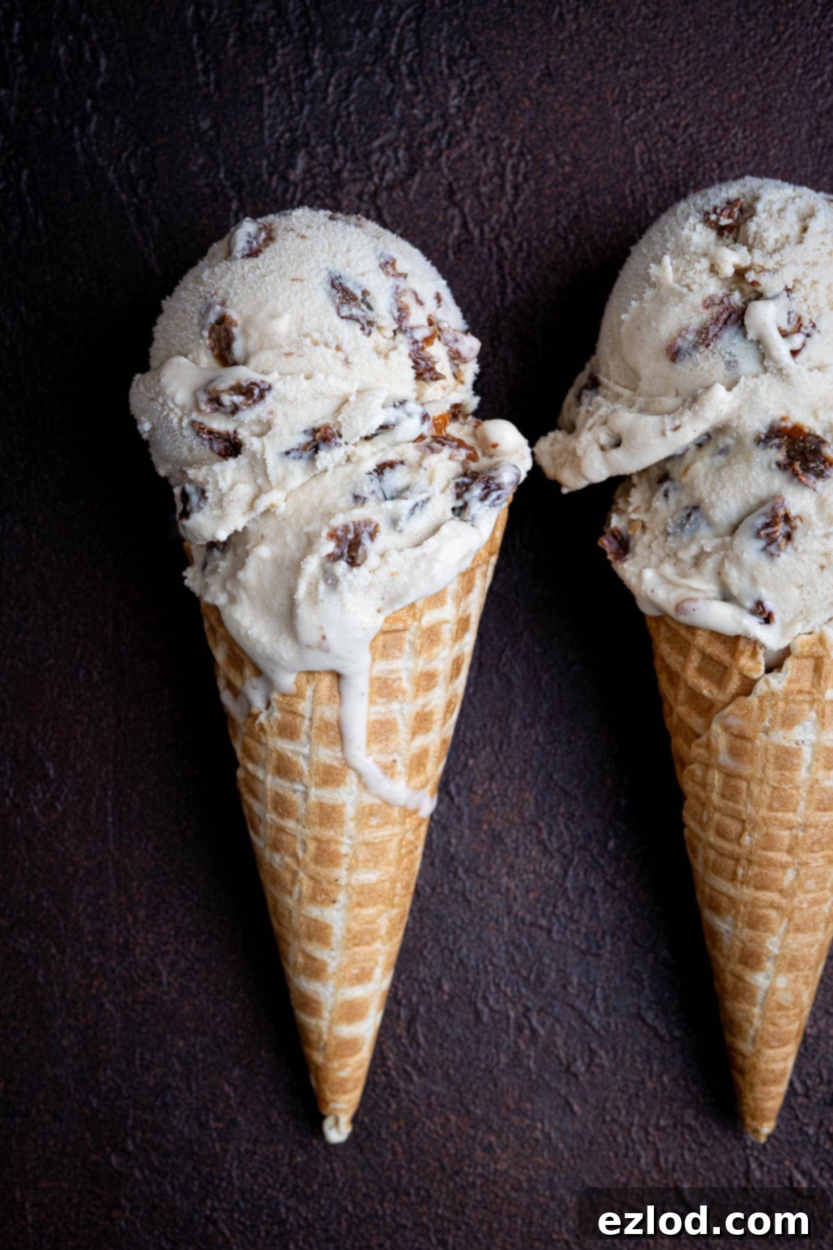 Two cones of vegan rum and raisin ice cream on a dark background.