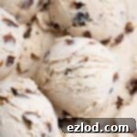Close up of scoops of vegan rum and raisin ice cream.