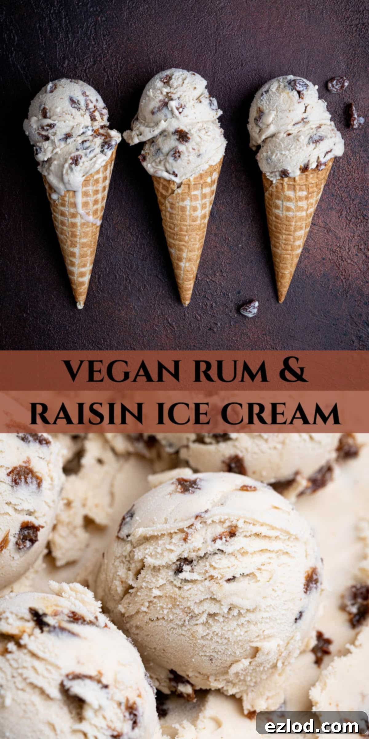 Pinterest collage image for Vegan Rum and Raisin Ice Cream, featuring multiple photos of the delicious dessert.