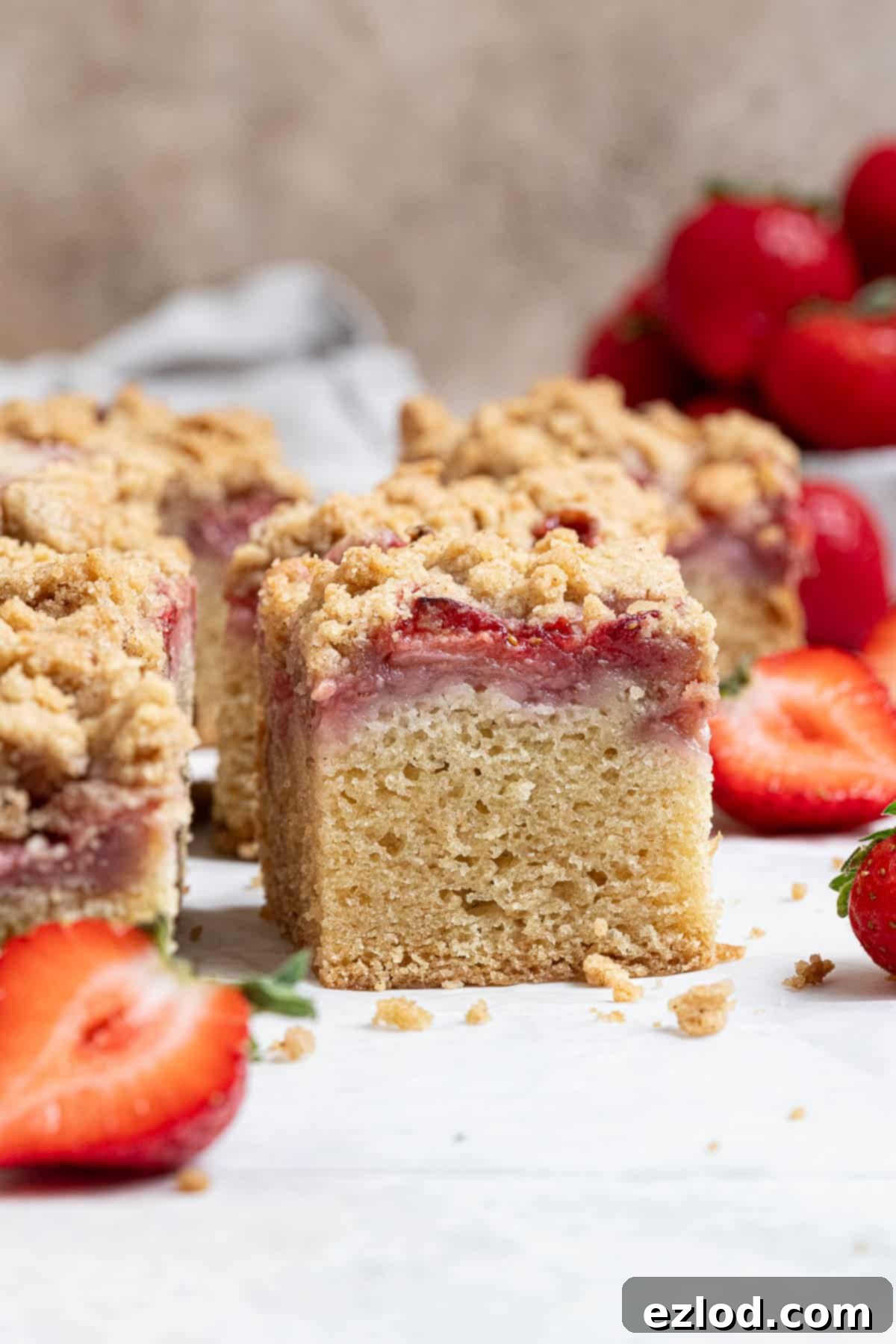 Vegan Strawberry Crumb Cake 2 Close up of a square of vegan strawberry crumb cake, showing the moist cake, strawberry layer, and crumb topping.