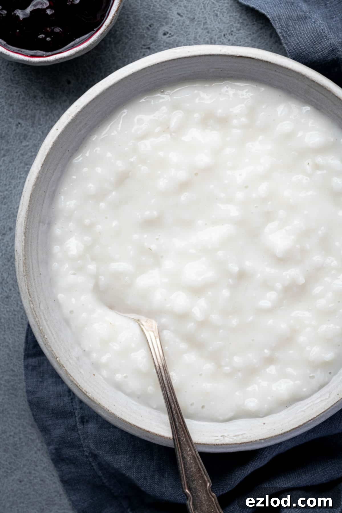 Close up of a bowl of coconut rice pudding.