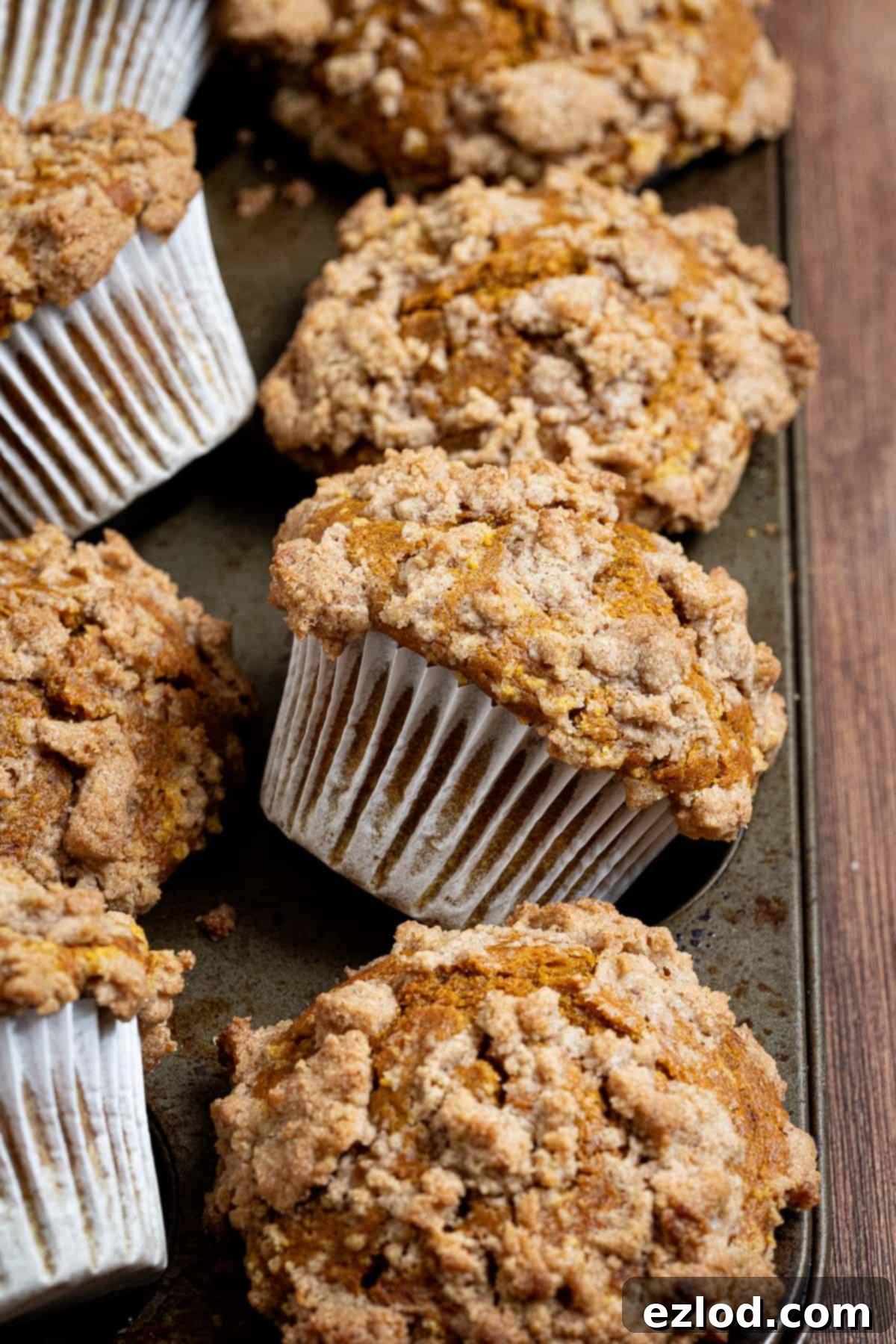 Close-up of a vegan pumpkin streusel muffin, showing off its crisp topping and tender interior, resting on its side in a muffin tin.