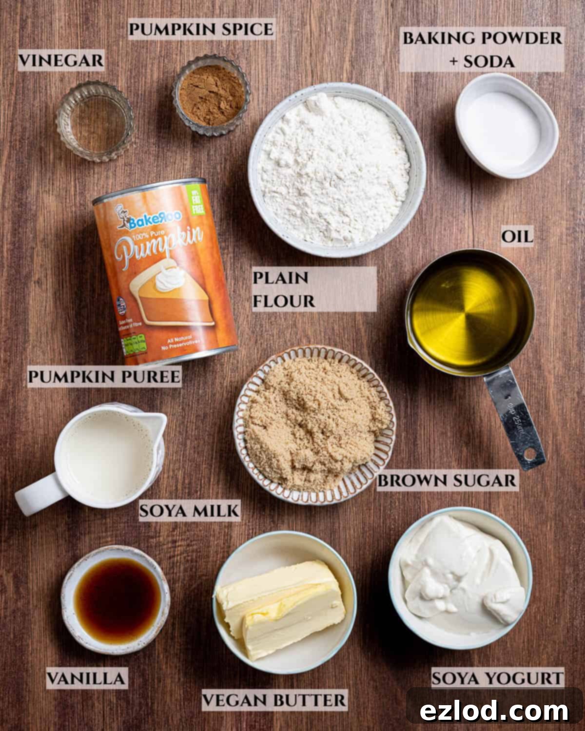 A labelled photo displaying all the ingredients required for making vegan pumpkin streusel muffins.