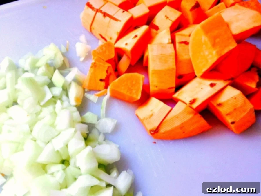 Onions and Sweet Potatoes ready for chili