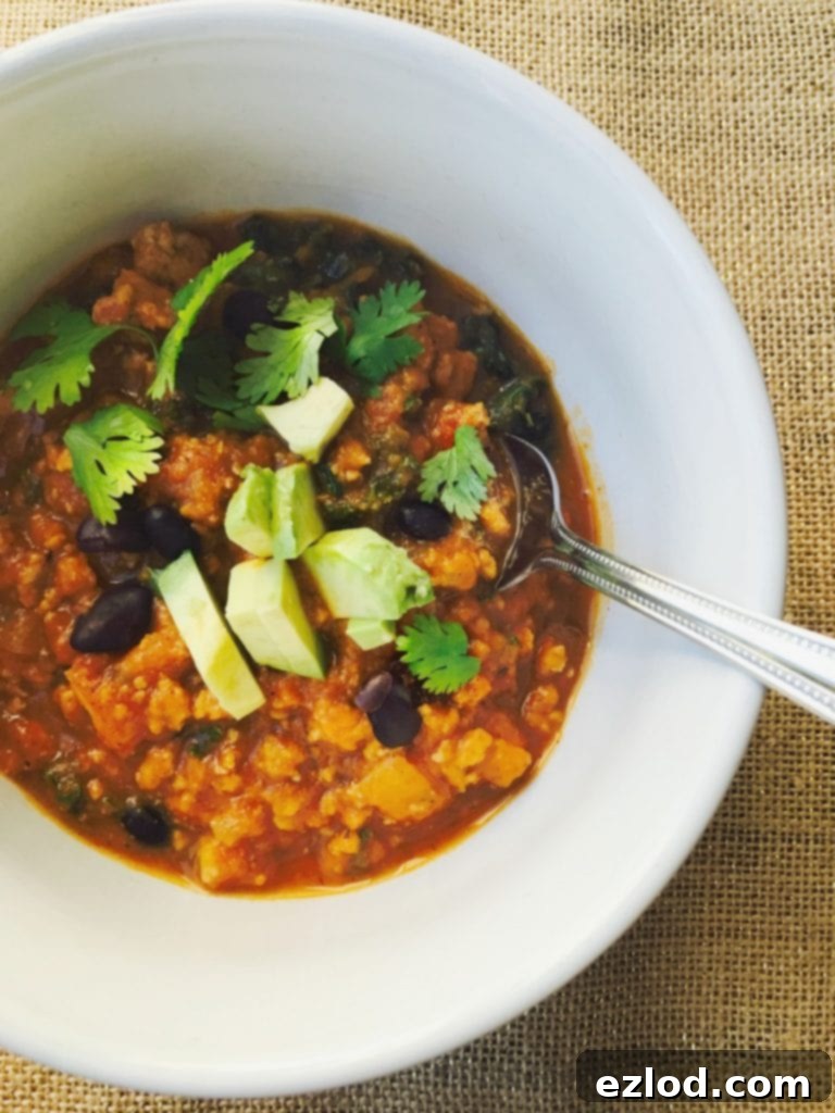 Sweet Potato Black Bean Chili with toppings
