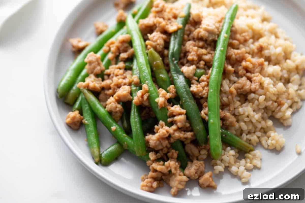 A close up plate of ground chicken stir fry with green beans over brown rice.