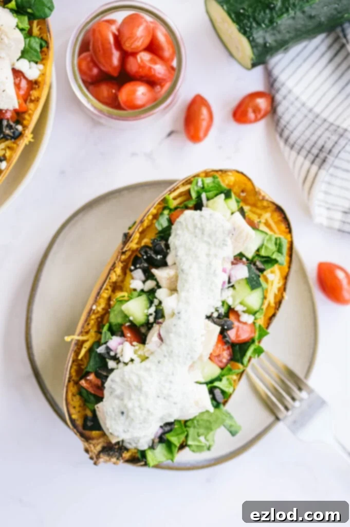 Overhead shot of a beautifully roasted spaghetti squash bowl overflowing with colorful veggies, perfectly diced chicken, and a drizzle of homemade Tzatziki sauce, showcasing its rich textures.