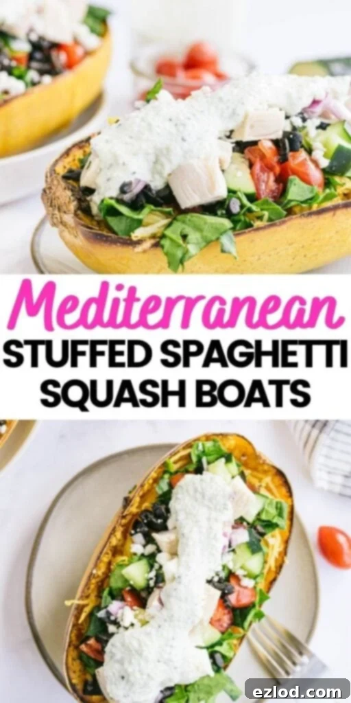A two-photo collage with bold black and pink text overlay: 'Mediterranean Stuffed Spaghetti Squash Boats,' showcasing the appealing visual of the healthy and flavorful dish.