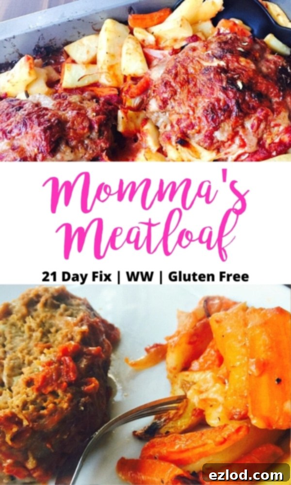 Two image photo collage with the text overlay- Momma's Meatloaf | 21 Day Fix | WW | Gluten Free, showcasing the versatility and health benefits of the recipe.