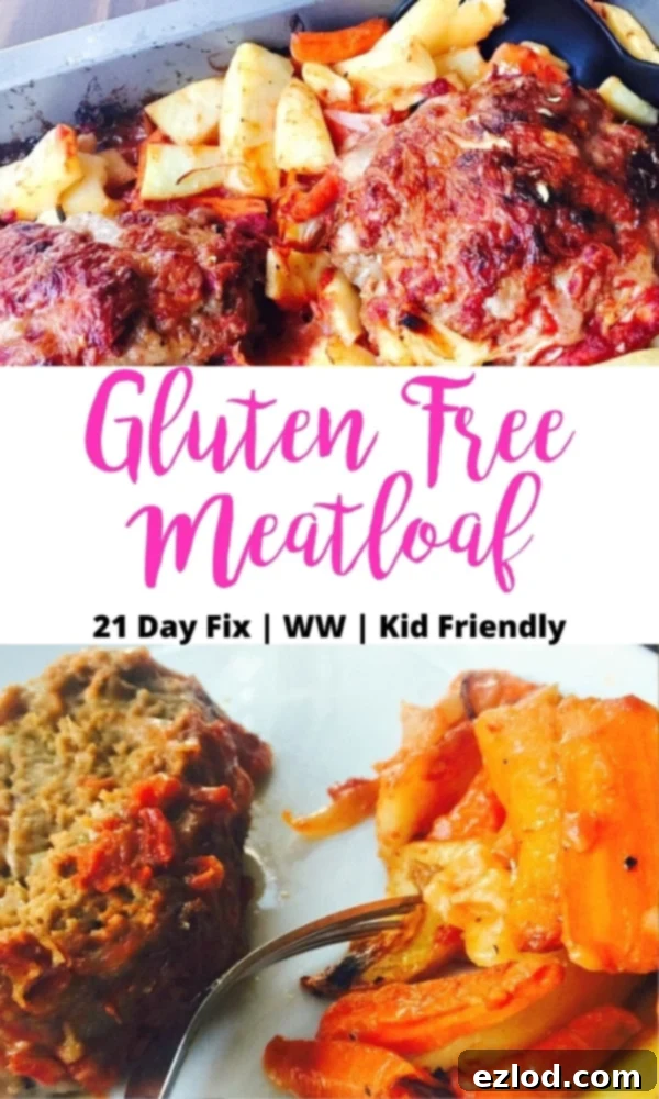 Two image photo collage with the text overlay- Gluten Free Meatloaf | 21 Day Fix | WW | Kid Friendly, highlighting the healthy and family-friendly aspects of the dish.