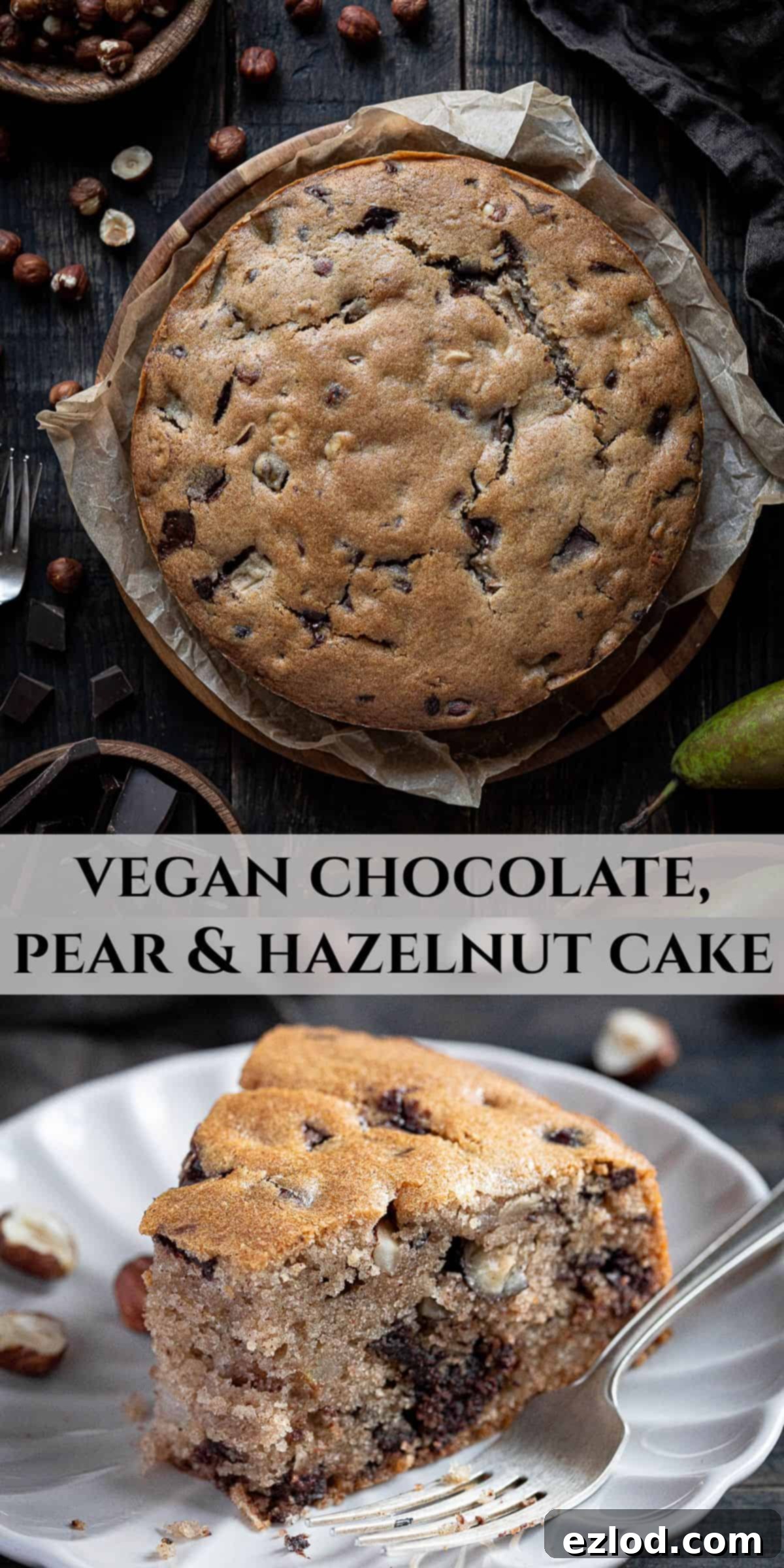 A Pinterest-optimized collage image featuring various shots of the vegan chocolate, pear, and hazelnut cake, designed for easy sharing and visual appeal.