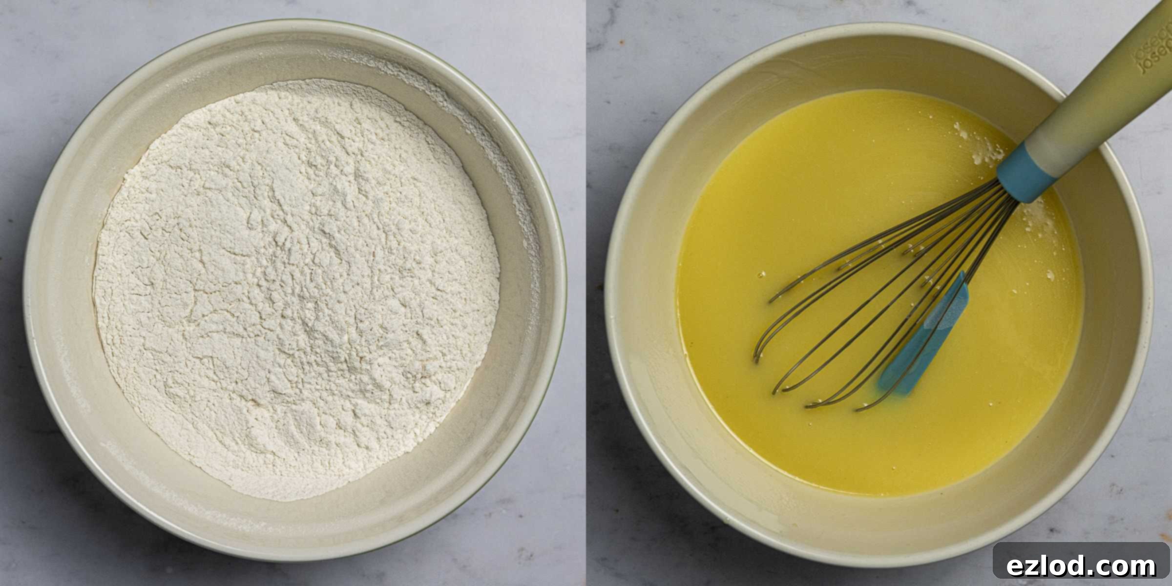 A two-image collage showing the preparation steps: first, sifting dry ingredients into a bowl, and second, whisking wet ingredients in a separate large bowl.