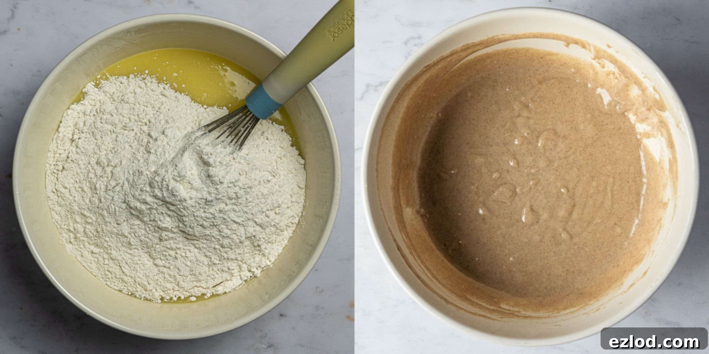 A two-image collage illustrating the mixing process: first, pouring dry ingredients into wet, and second, gently whisking the batter until just combined.