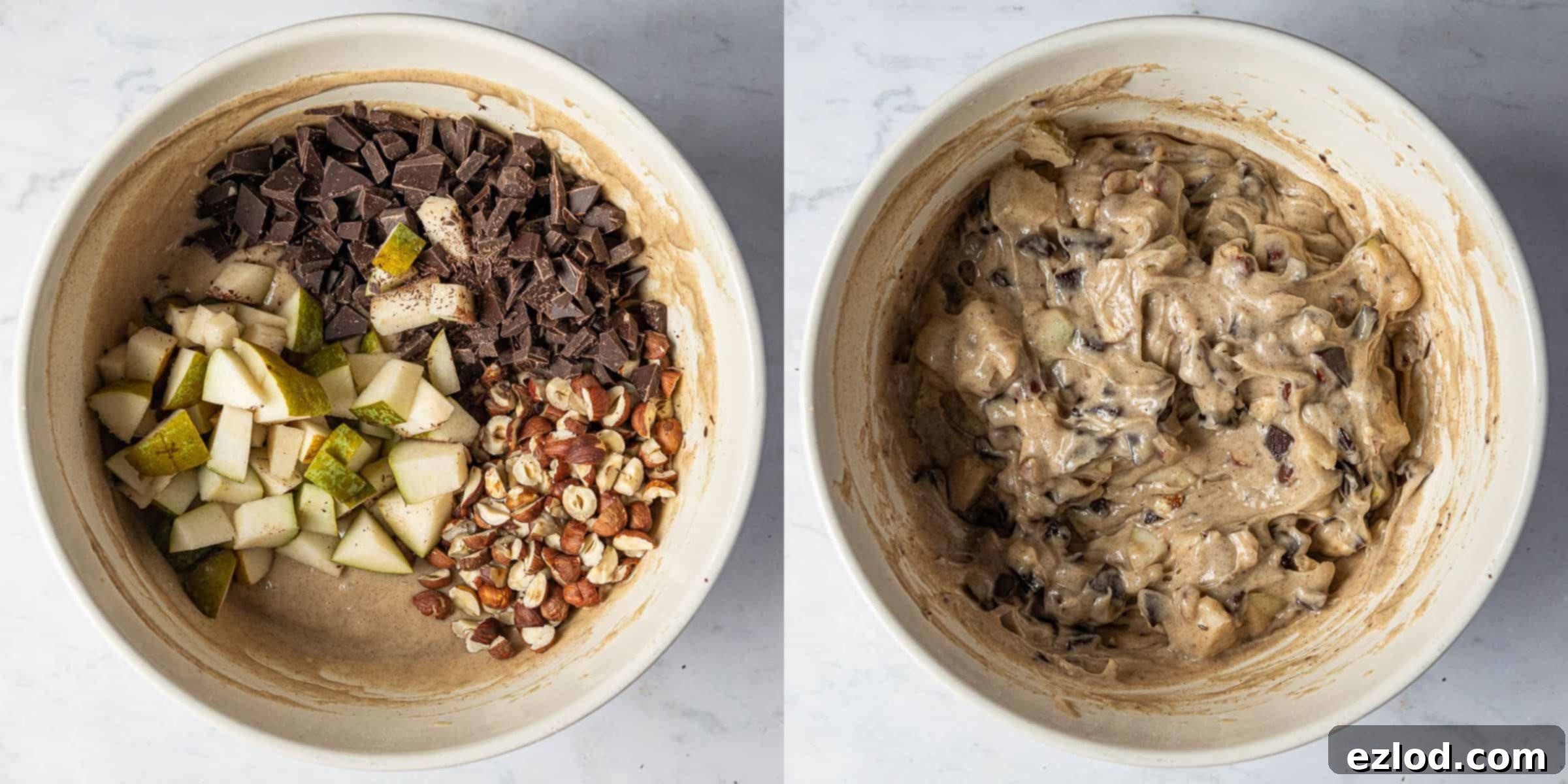 A two-image collage demonstrating the final folding stage: first, adding diced pear, hazelnuts, and chocolate to the batter, and second, gently folding them in.