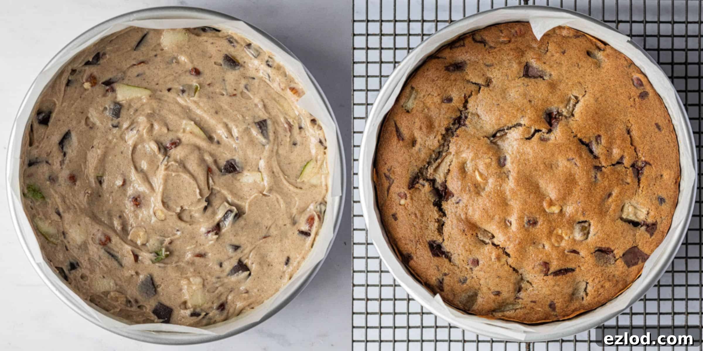A two-image collage showing the cake before baking (raw batter in tin) and after baking (golden-brown cake in tin).