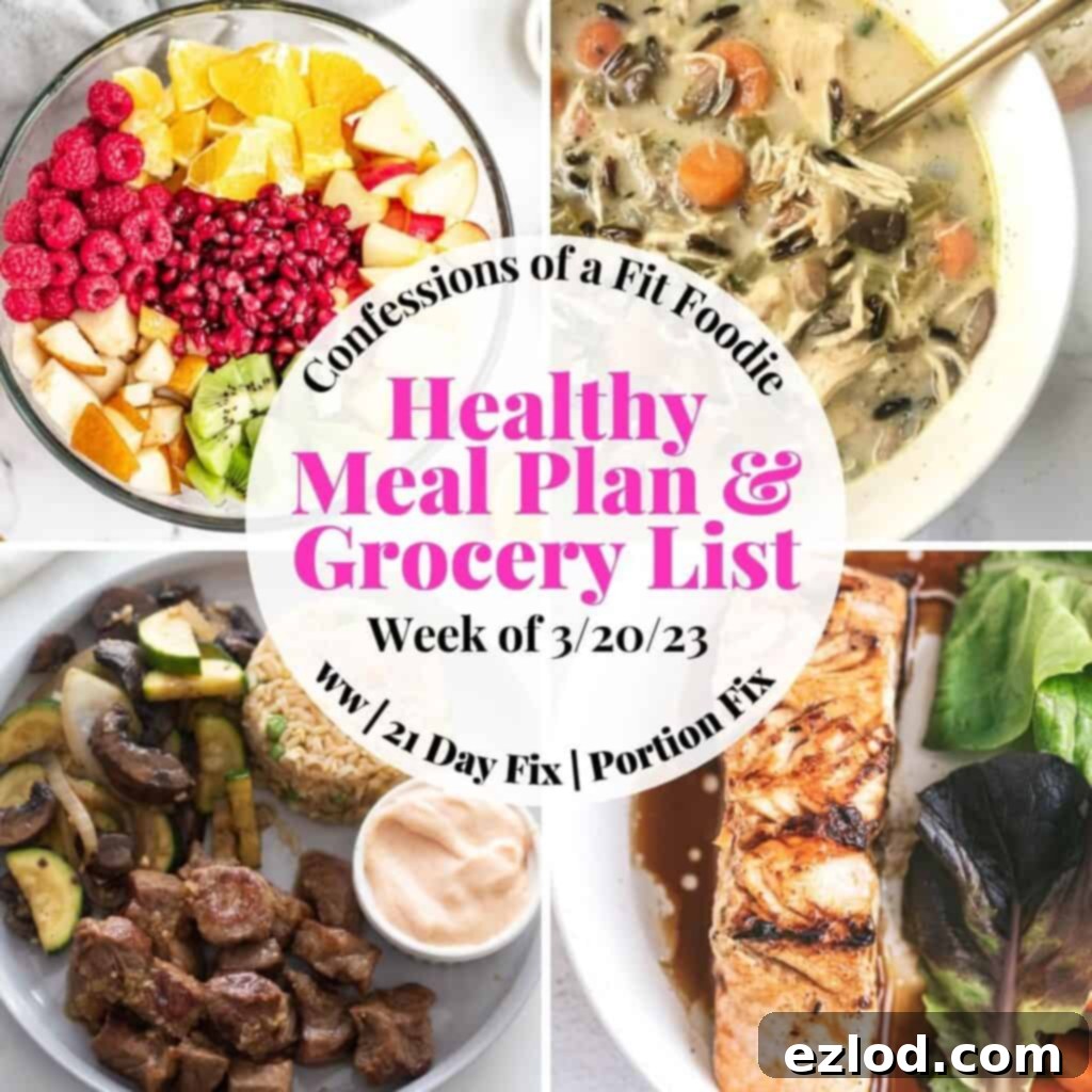 Food photo collage with pink and black text on a white circle. Text says, "Healthy Meal Plan & Grocery List Week of 3/20/23"