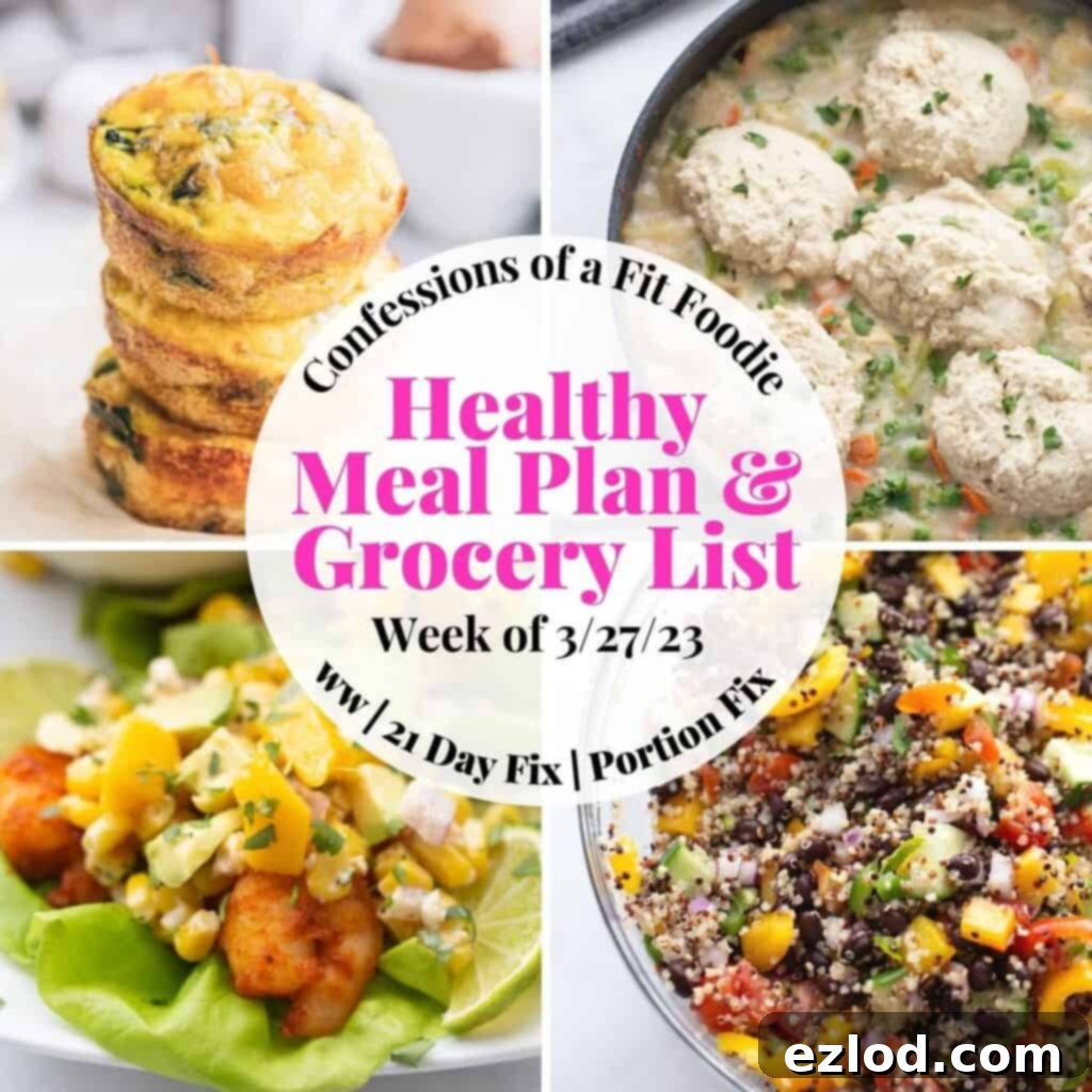 Nourish Your Week: Healthy Meal Plan 2 Food photo collage with pink and black text on a white circle. Text says, "Healthy Meal Plan & Grocery List Week of 3/27/23" featuring a variety of wholesome dishes like chicken pot pie, quinoa salad, and shrimp tacos.