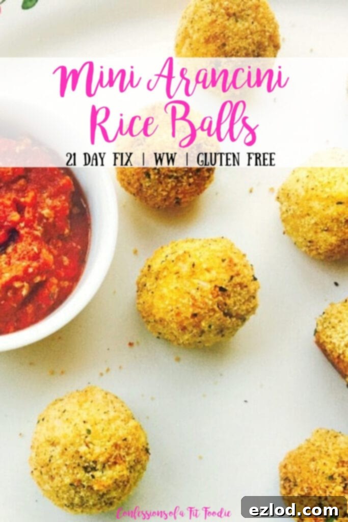 A beautiful white platter displaying baked Mini Arancini Rice Balls, accompanied by marinara dipping sauce, with text overlay highlighting '21 Day Fix', 'WW', and 'Gluten Free' features.