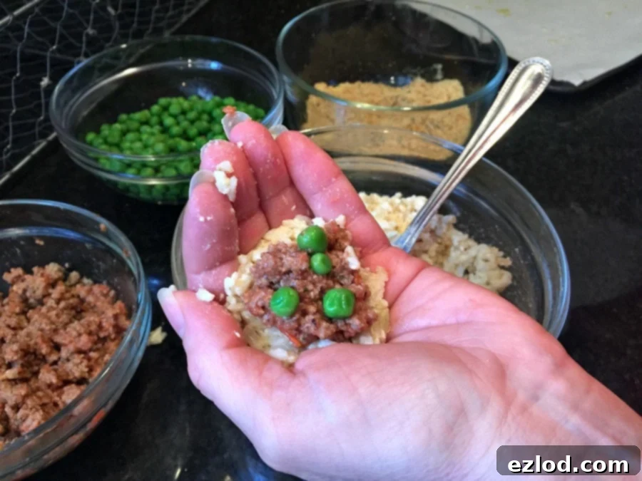 A woman's hand gently scooping ingredients, showcasing the fresh components for making wholesome, baked Arancini Rice Balls.