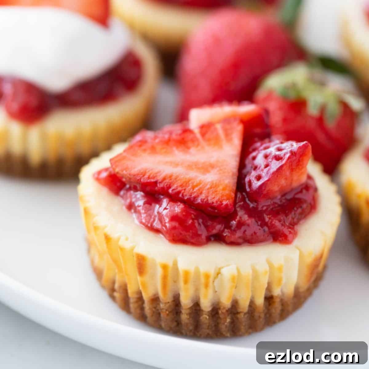 Close up of a mini cheesecake topped with strawberries.