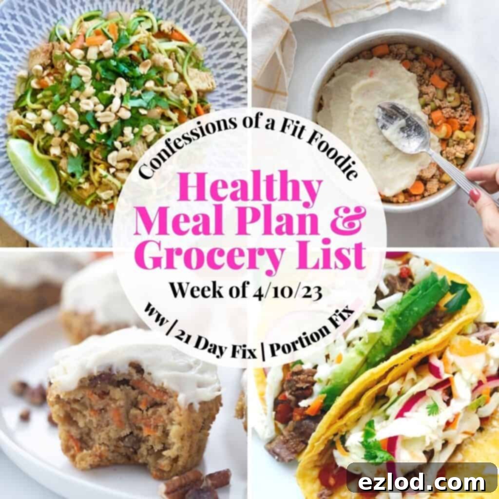 Food photo collage with pink and black text on a white circle. Text says, "Healthy Meal Plan & Grocery List Week of 4/10/23". This image represents a vibrant and healthy weekly meal plan with various dishes, highlighting the convenience of meal preparation and efficient use of ingredients.
